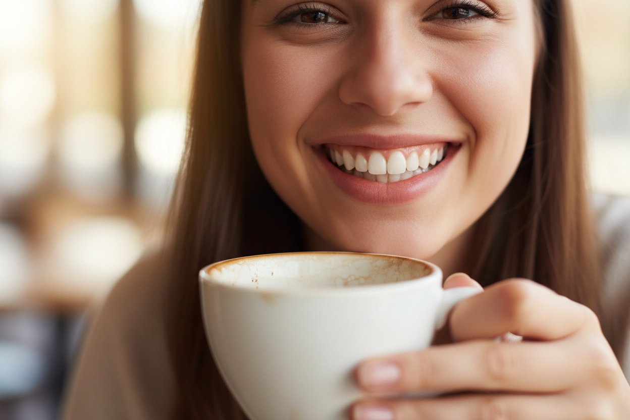chica con dientes blancos sonriendo en primerisimo primer plano y sosteniendo una taza de cafe casi vacia