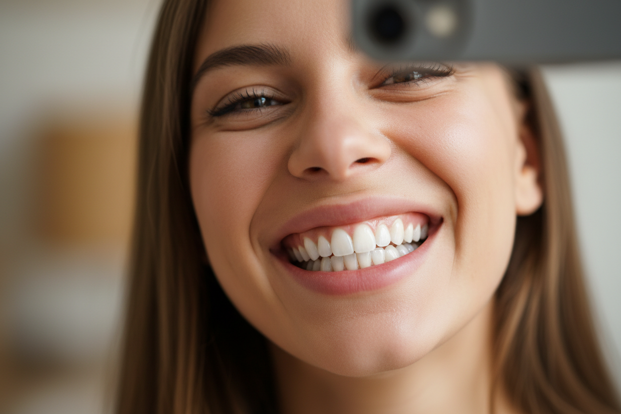 mujer bonita tomandose una selfie sonriendo con dientes ultra blancos brillantes. primerisimo primer plano